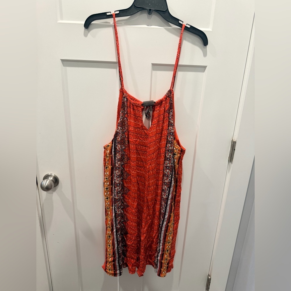 Luxology XL Boho Tank Dress Orange Tribal Print Strappy Flowy Festival